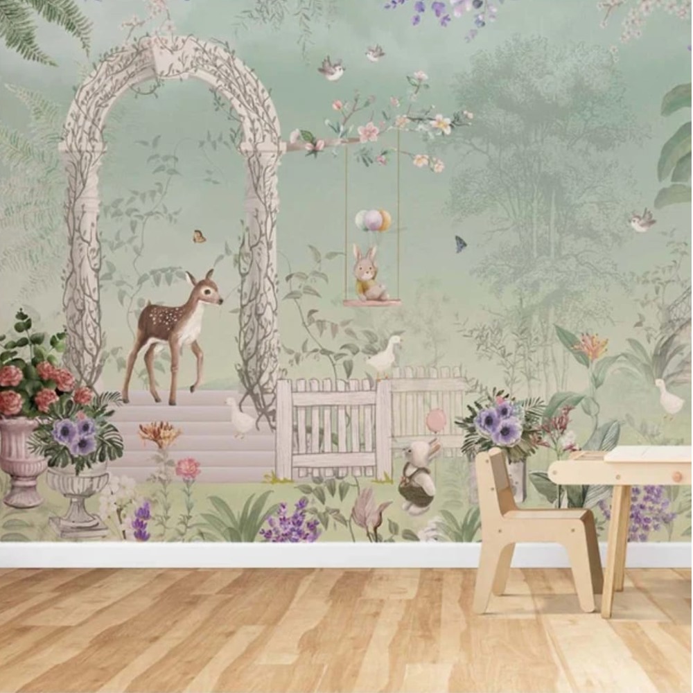 Fantasy Garden with Deer, Bunny, and Balloons