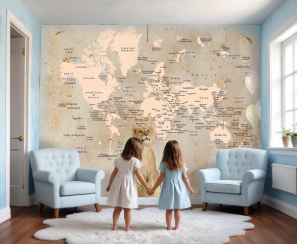 Kids World Map Wallpaper Mural - Safari Travel Theme