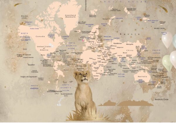 Kids World Map Wallpaper Mural - Safari Travel Theme - Image 2