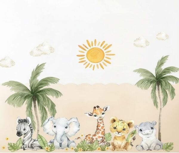 Cute Watercolor Safari Baby Animals Wallpaper - Sunny Nursery Mural - Image 2