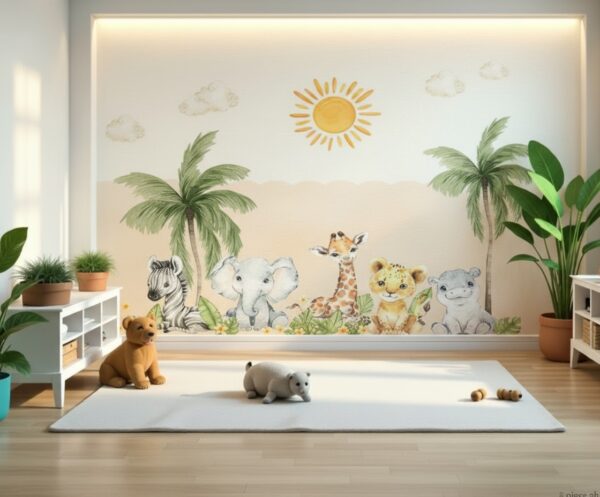 Cute Watercolor Safari Baby Animals Wallpaper - Sunny Nursery Mural