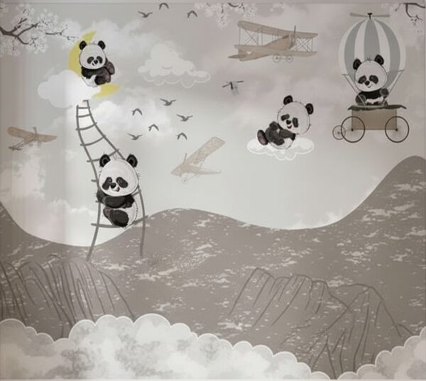 Monochrome Panda Bear Nursery Wallpaper - Hot Air Balloon Adventure - Image 2