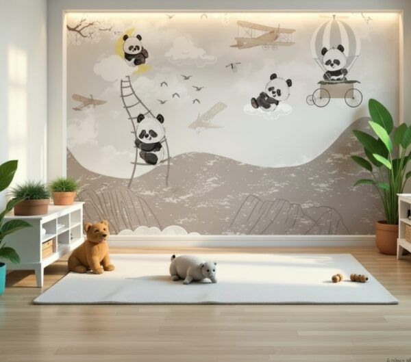 Monochrome Panda Bear Nursery Wallpaper - Hot Air Balloon Adventure