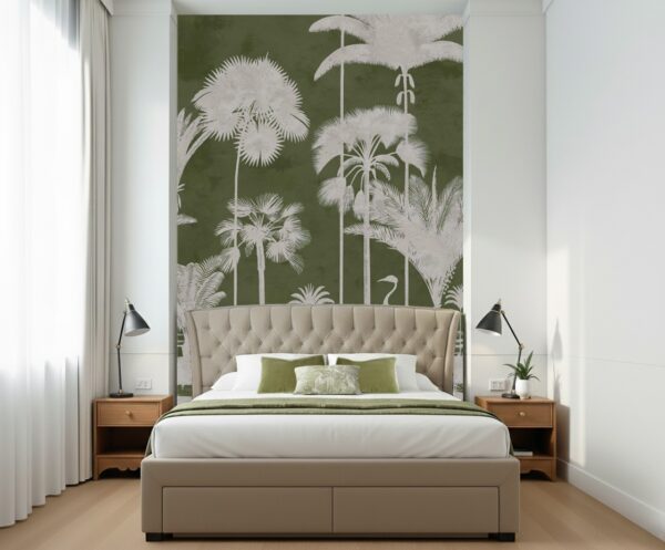 Modern Monochromatic Tropical Palm Tree Wallpaper - Olive Green Jungle Mural