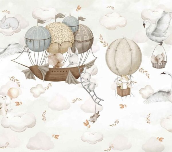 Vintage Hot Air Balloon & Bunny Wallpaper - Neutral Sky Adventure - Image 2