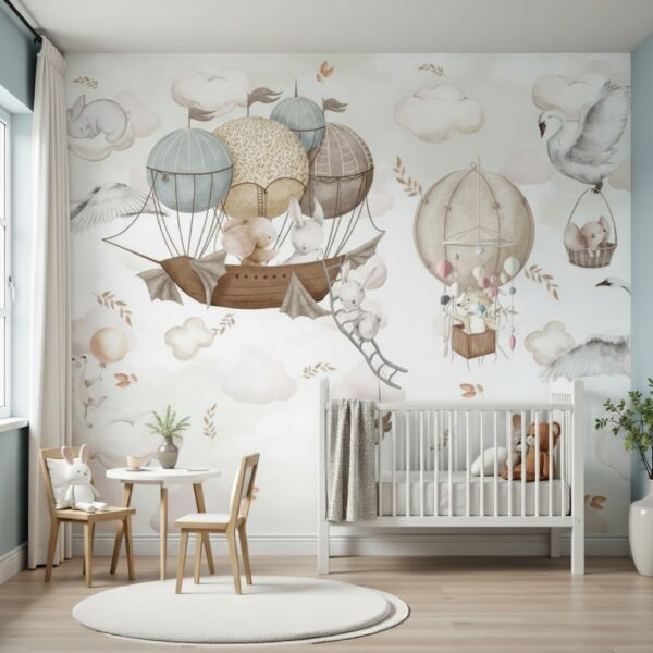 Vintage Hot Air Balloon & Bunny Wallpaper - Neutral Sky Adventure