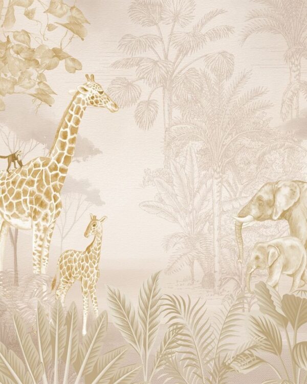Elegance Safari Sketch Wallpaper - Sepia Tone Elephant & Giraffe - Image 2