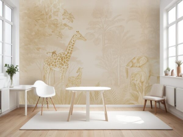 Elegance Safari Sketch Wallpaper - Sepia Tone Elephant & Giraffe