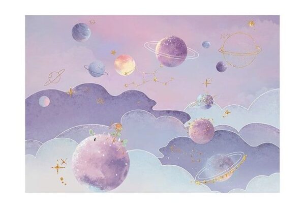 Whimsical Pastel Galaxy Wallpaper Mural - Purple Sky & Gold Planets - Image 2
