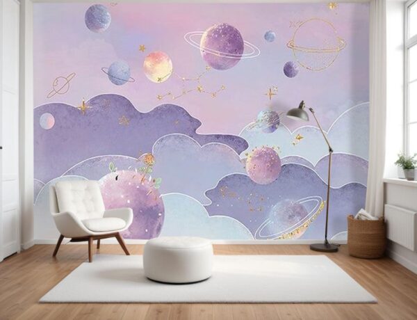 Whimsical Pastel Galaxy Wallpaper Mural - Purple Sky & Gold Planets