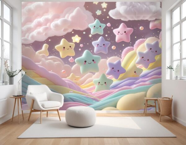 Kawaii Pastel Floating Stars Wallpaper - Magical Dream Nursery