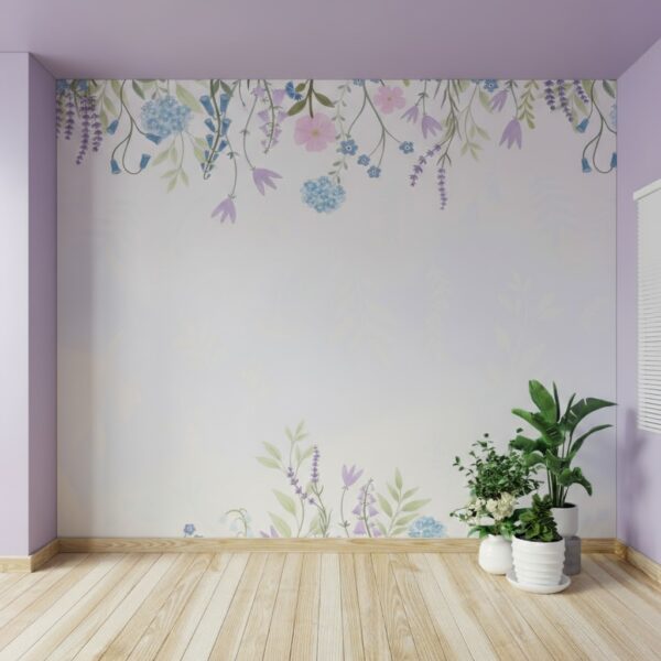 Shabby Chic Pastel Floral Wallpaper Border - Lilac & Blue Botanical Mural