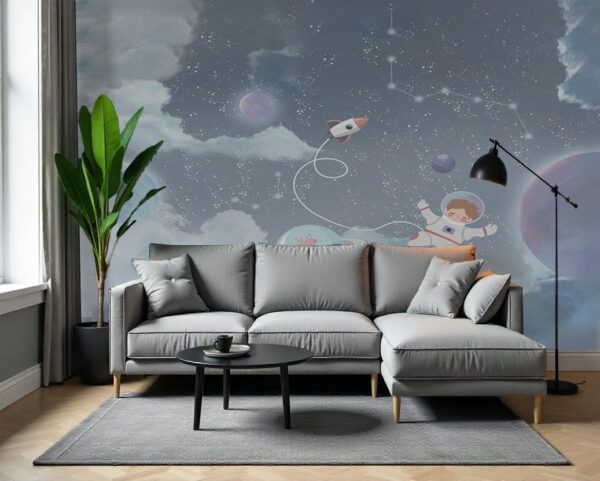 Dreamy Outer Space & Astronaut Wallpaper - Grey Galaxy Mural