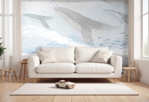 Majestic Watercolor Whale Wallpaper Mural - Ocean Blue Nursery Decor