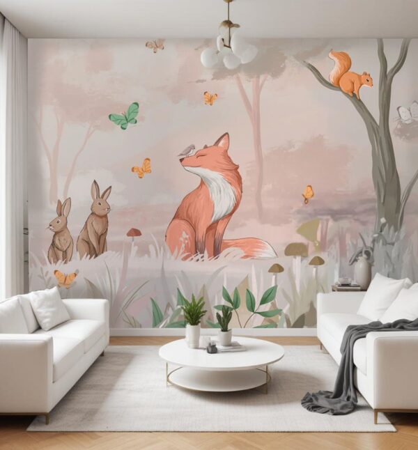 Serene Fox and Bunny Meadow Wallpaper - Soft Pastel Woodland