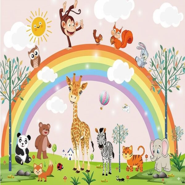 Bright Rainbow Happy Animals Wallpaper - Cheerful Kids Room Mural - Image 2