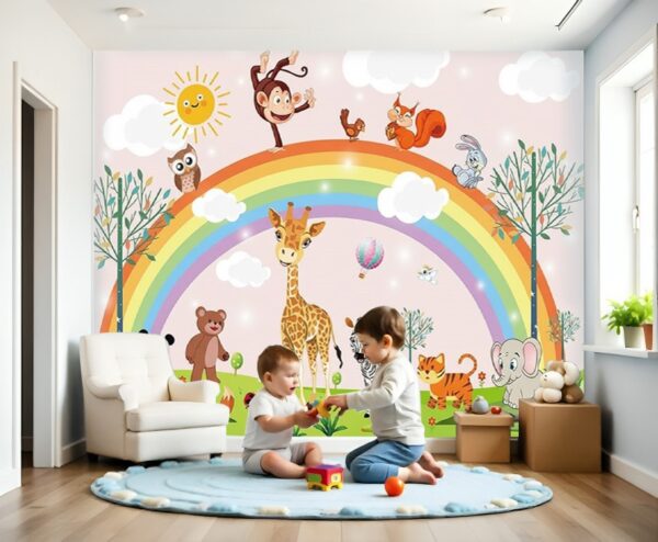 Bright Rainbow Happy Animals Wallpaper - Cheerful Kids Room Mural