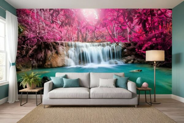 Tropical Pink Forest Waterfall Wallpaper - Vibrant Nature Mural