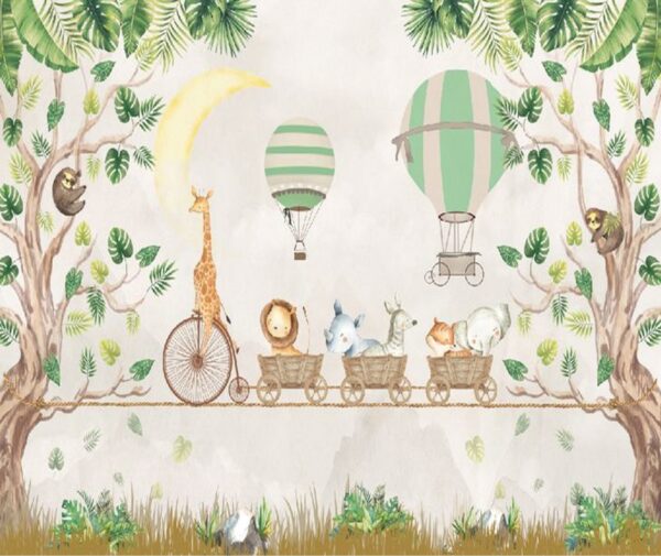 Safari Animals on a Rope Train Wallpaper - Mint Green Jungle Mural - Image 2