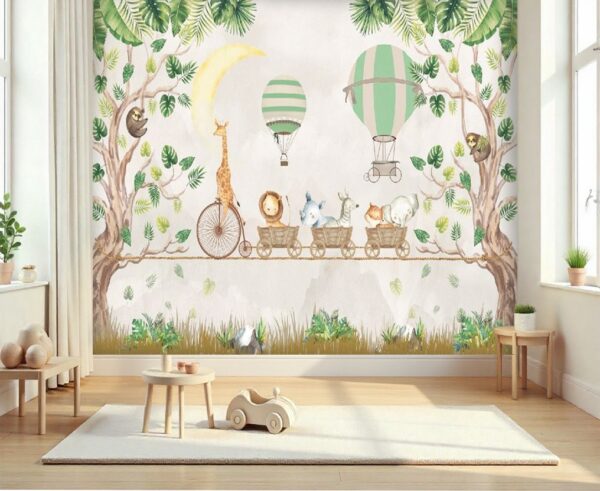 Safari Animals on a Rope Train Wallpaper - Mint Green Jungle Mural