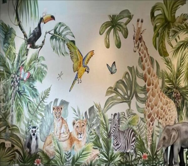 Lush Watercolor Tropical Animal Mural - Jungle Canopy Wallpaper - Image 2