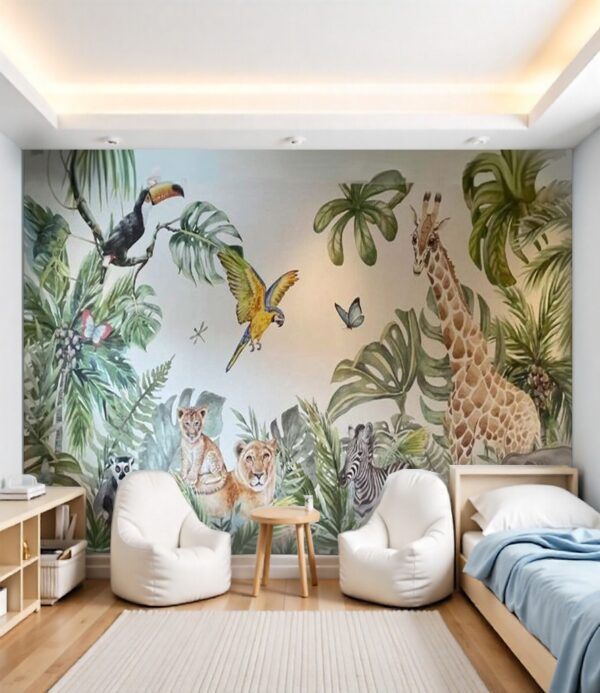 Lush Watercolor Tropical Animal Mural - Jungle Canopy Wallpaper