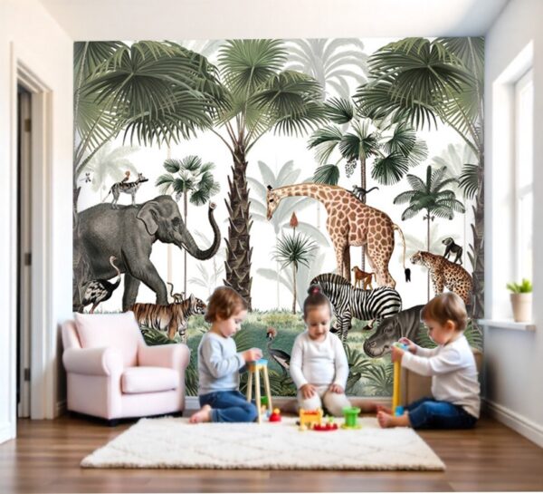 Vintage Illustrated Jungle Wallpaper - Detailed Tropical Animal Mural
