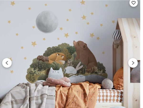 Cozy Woodland Animals & Moon Wallpaper - Bear, Fox & Rabbit Nursery Mural - Image 2