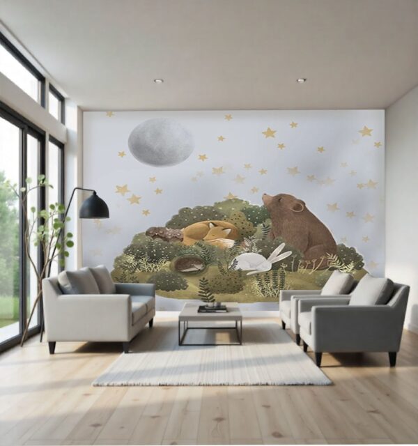Cozy Woodland Animals & Moon Wallpaper - Bear, Fox & Rabbit Nursery Mural