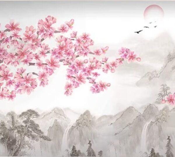 Elegant Cherry Blossom & Mountain Mural - Asian Ink Wash Style - Image 2