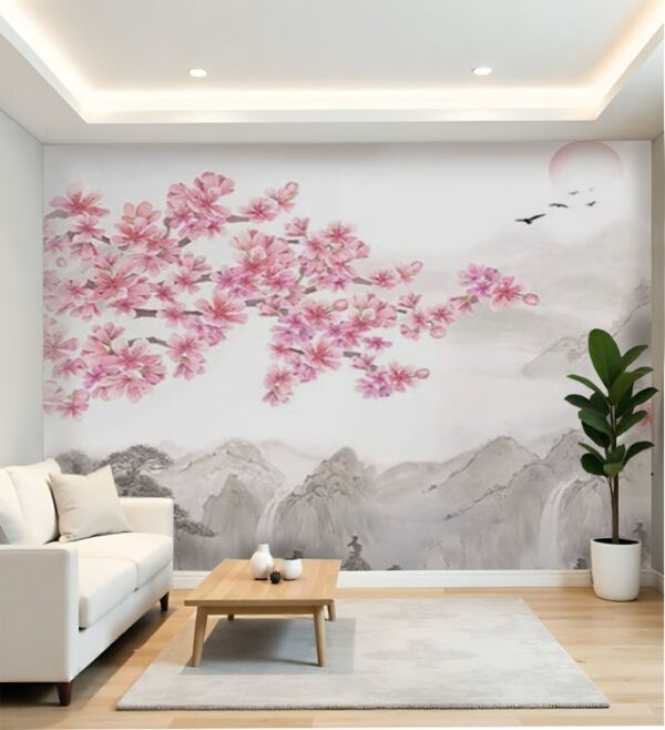 Elegant Cherry Blossom & Mountain Mural - Asian Ink Wash Style