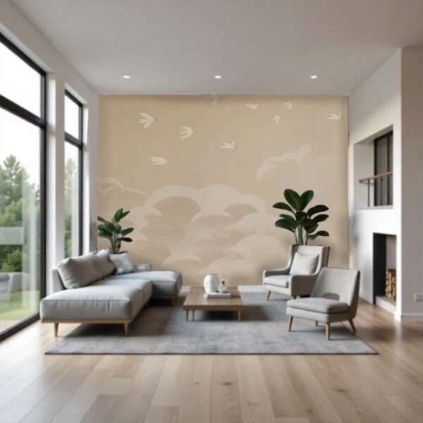 Calm Beige Cloudy Sky Wallpaper - Neutral Flying Birds Mural