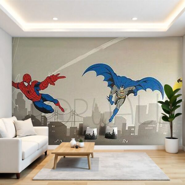Batman and Spiderman Superhero Wallpaper - Dual Action City Mural