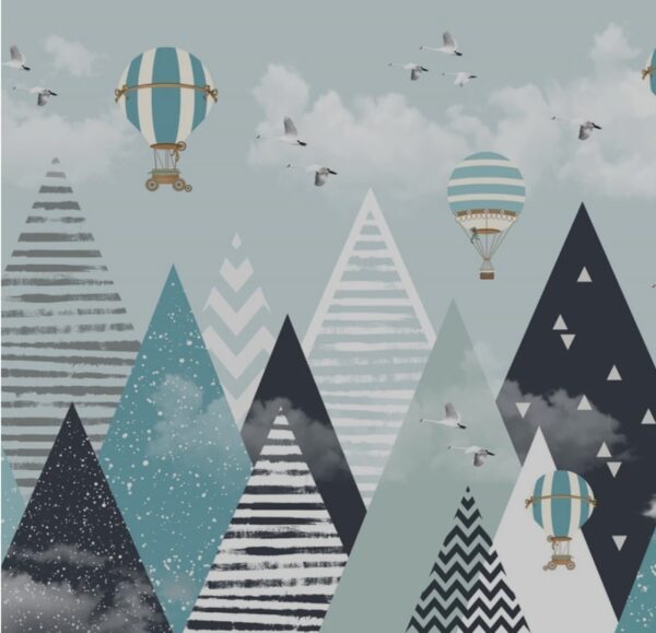 Modern Geometric Mountain Wallpaper - Hot Air Balloon & Swans - Image 2