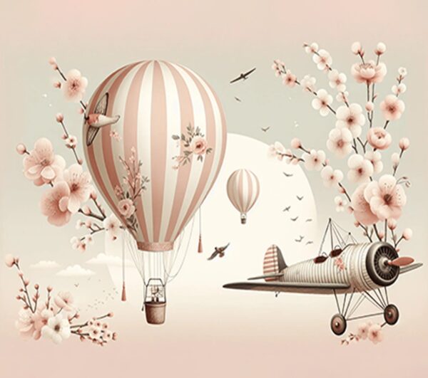 Vintage Aviation and Pink Floral Wallpaper - Hot Air Balloon & Biplane - Image 2