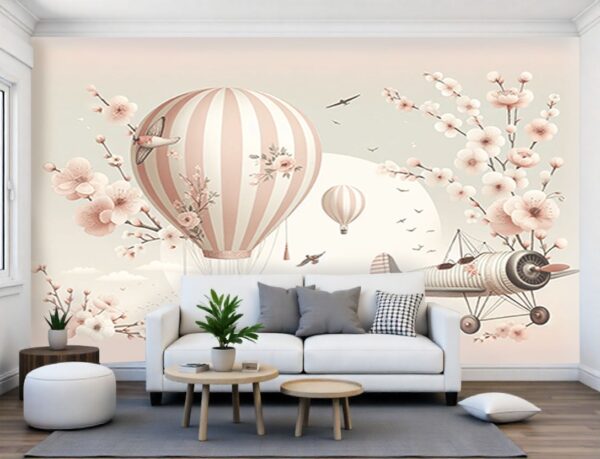 Vintage Aviation and Pink Floral Wallpaper - Hot Air Balloon & Biplane