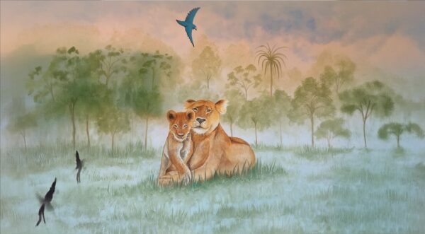 Lioness and Cub Watercolor Wallpaper - Peaceful African Savanna Mural - Image 2
