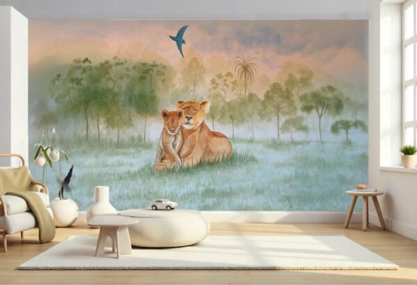 Lioness and Cub Watercolor Wallpaper - Peaceful African Savanna Mural