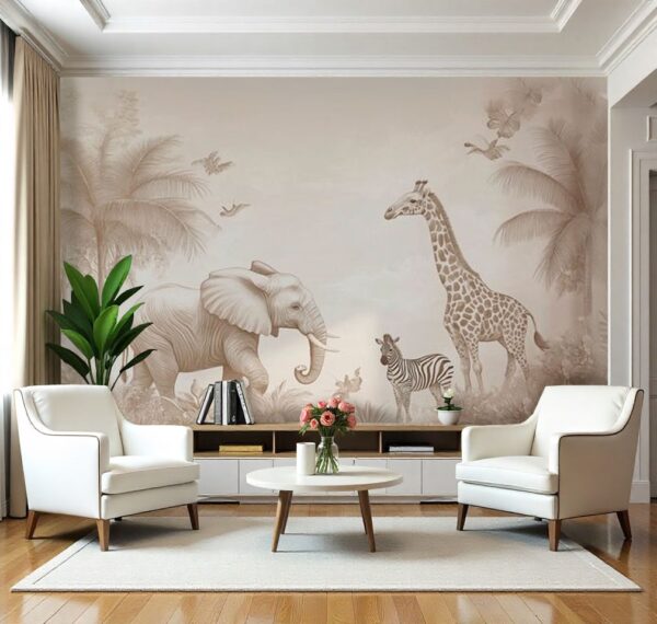 Elegant Sepia Safari Wallpaper Mural - Large Elephant and Giraffe - Image 2