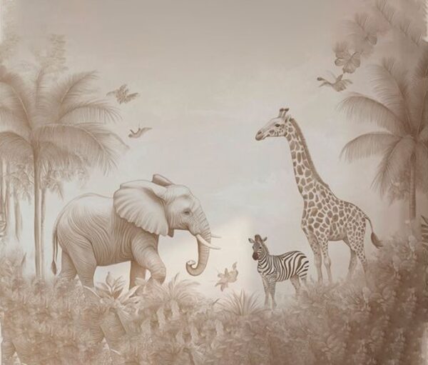 Elegant Sepia Safari Wallpaper Mural - Large Elephant and Giraffe