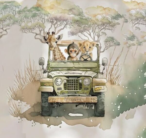 Watercolor Safari Jeep Animal Wallpaper - Giraffe, Monkey, Lion Cub - Image 2