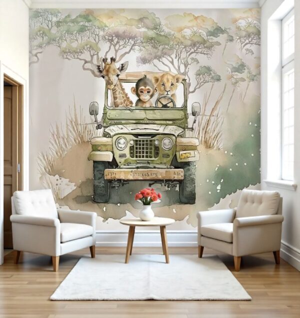 Watercolor Safari Jeep Animal Wallpaper - Giraffe, Monkey, Lion Cub