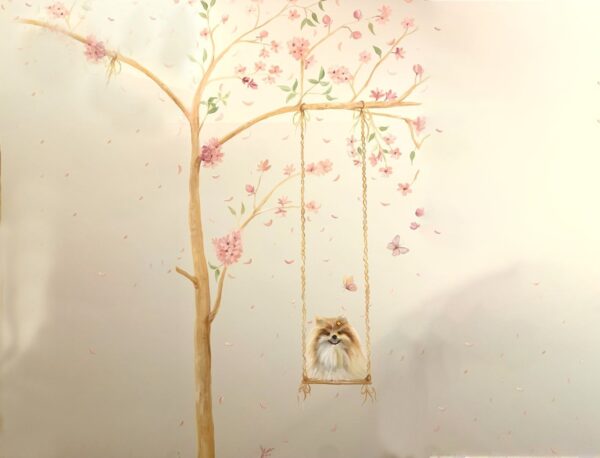 Cute Pomeranian on Swing Wallpaper - Pink Cherry Blossom Tree Mural - Image 2