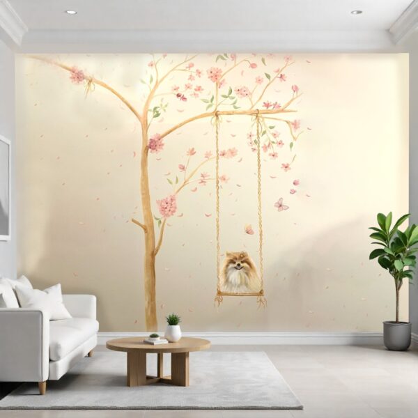 Cute Pomeranian on Swing Wallpaper - Pink Cherry Blossom Tree Mural