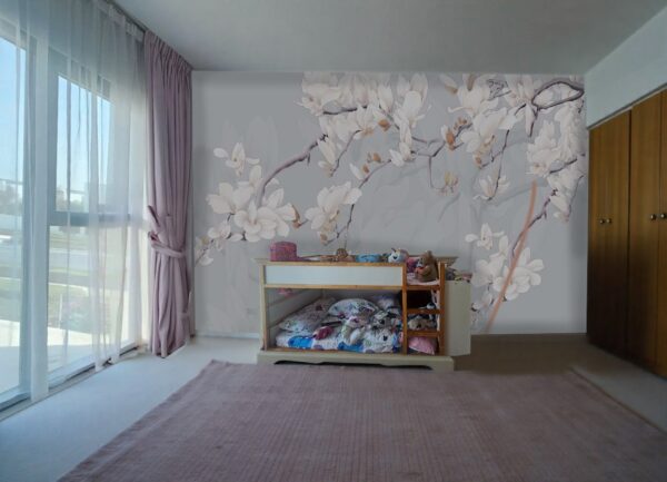Elegant White Magnolia Flower Wallpaper - Grey Background Floral Mural