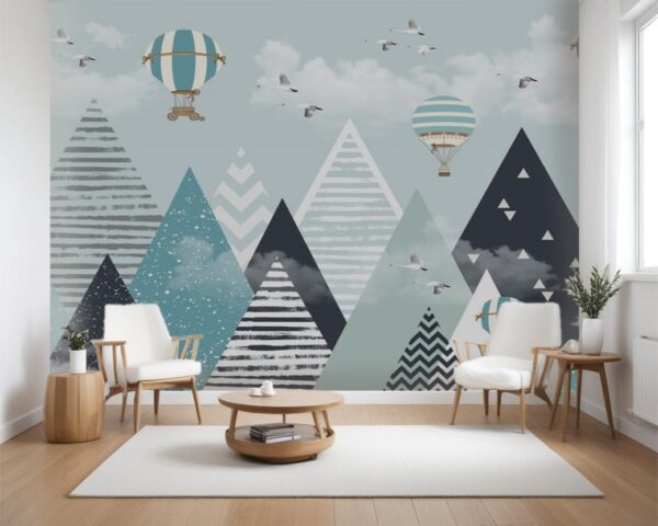 Modern Geometric Mountain Wallpaper - Hot Air Balloon & Swans
