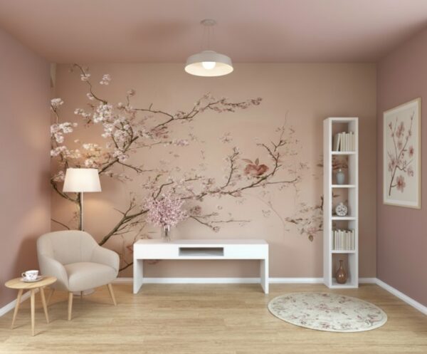 Romantic Subtle Cherry Blossom Wallpaper - Dusty Rose Floral Mural - Image 2