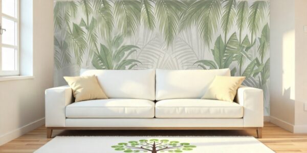 Minimalist Green Tropical Leaves Wallpaper - Neutral White Border Mural