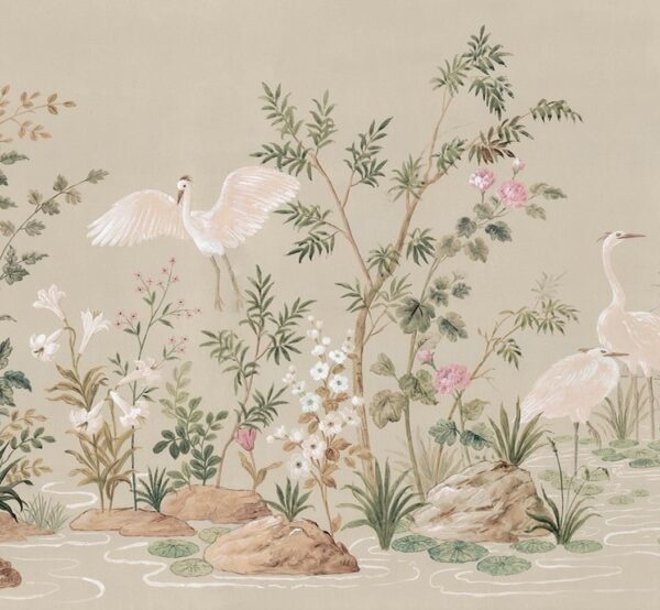 Elegant Chinoiserie Crane Bird Wallpaper - Beige Botanical Mural - Image 2
