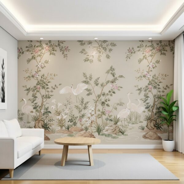 Elegant Chinoiserie Crane Bird Wallpaper - Beige Botanical Mural